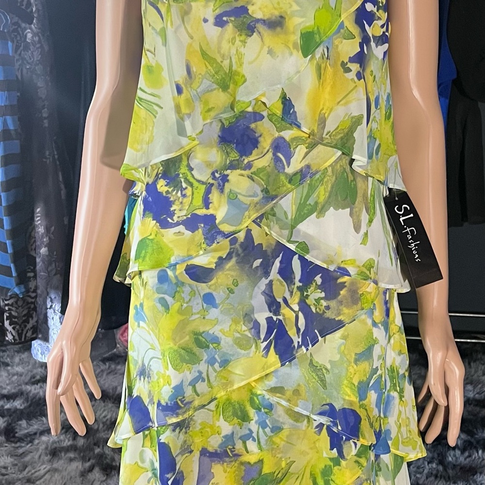 S.L. Fashions Floral Dress with Blue and Yellow Hues